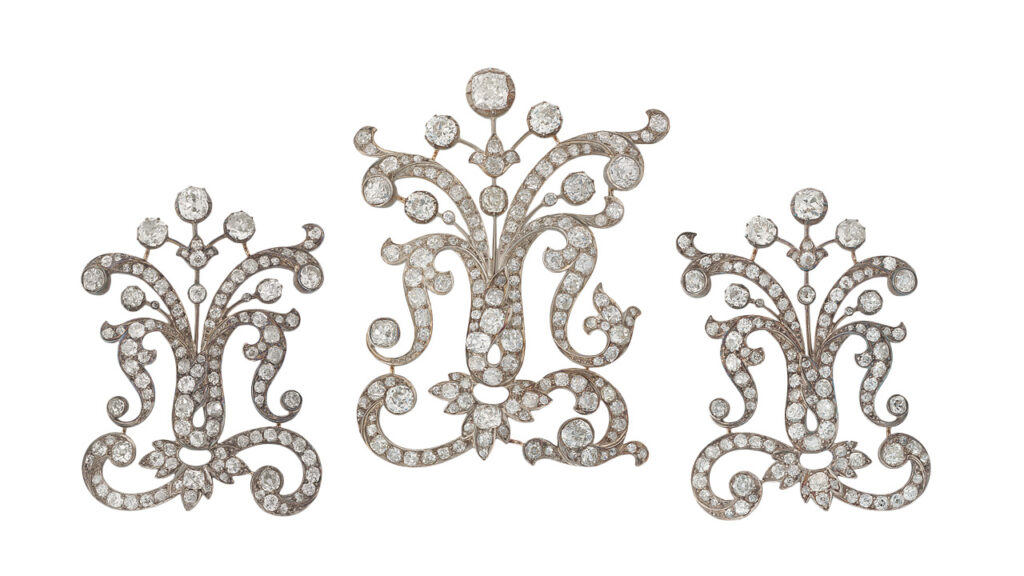Set of brooches made from transformable elements of the Poltimore tiara at Christie’s image