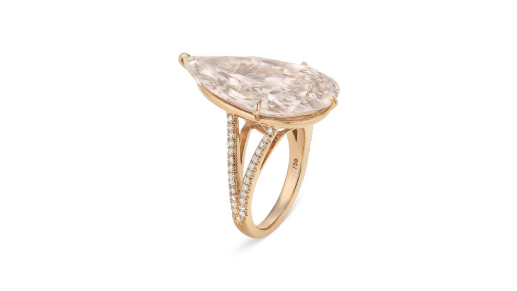 Ring featuring a pear modified brilliant-cut, 18.72-carat, light-brown-pink, SI2 diamond at Christie's