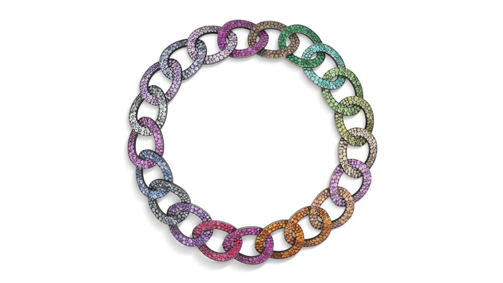 Chain necklace featuring round brown diamonds, emeralds, tourmalines, fire opals, rubies and other colored gemstones at Christie's image