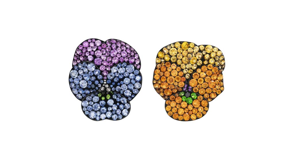 Pair of earrings with round sapphires, purple, orange and yellow sapphires, tsavorite and spessartine garnets, diamonds and black diamonds at Christie's image