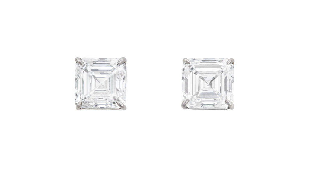 Earrings with two square emerald-cut, D-color diamonds at Christie's image