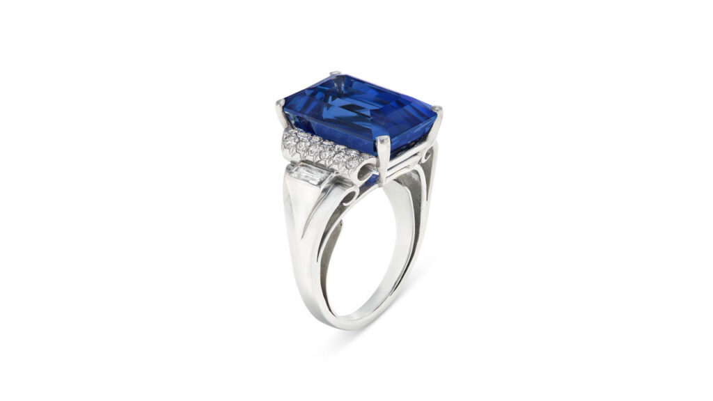 Ring featuring a rectangular emerald-cut, 16.13-carat Ceylon sapphire and round and baguette-cut diamonds at Christie's image
