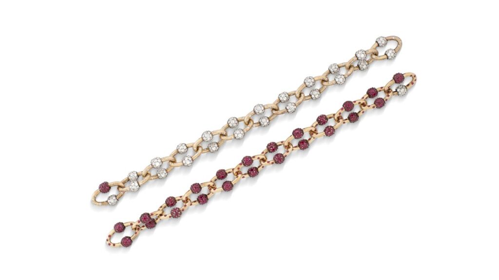 Pair of round ruby and diamond bracelets at Christie's image
