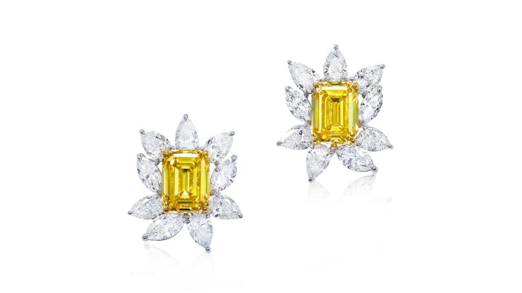 Earrings containing emerald-cut, fancy-deep-yellow diamonds at Poly Auction image