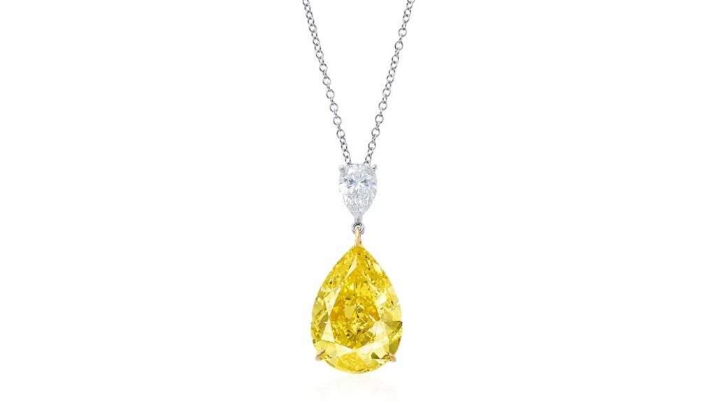 Necklace with pear-shaped white diamond suspending a pear-shaped, fancy-intense-yellow, diamond at Poly Auction image