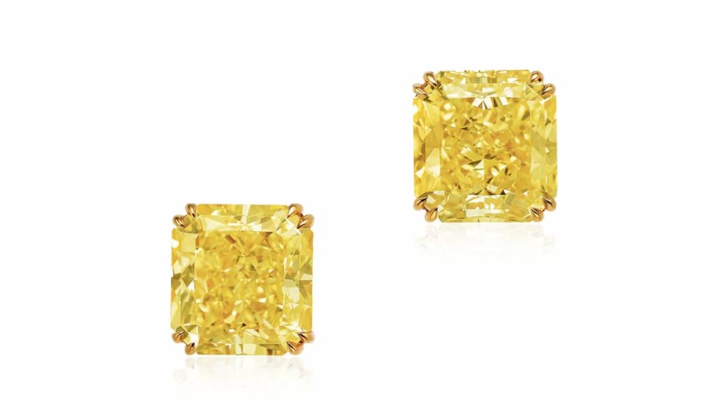 Pair of earrings comprising two rectangular-shaped, fancy-yellow diamonds at Poly Auction image