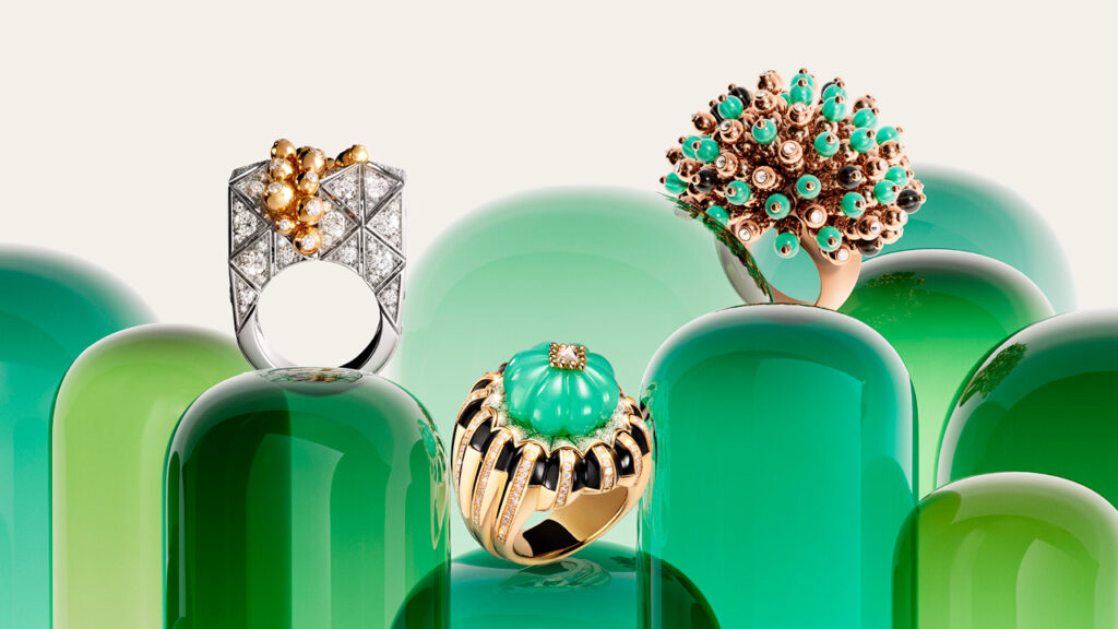 Rings from Cartier’s Tutti Tutti collection in yellow and white gold, chrysoprase, onyx, and diamonds image