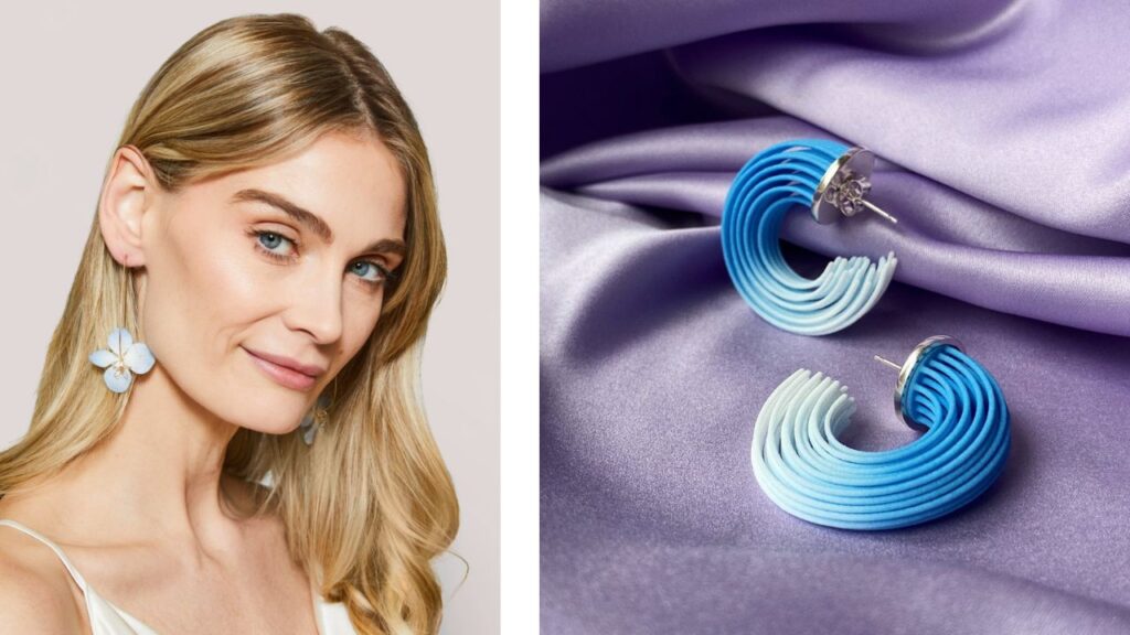 Blue Hydrangea Whisker Wire earrings and Eve Balashova earrings images