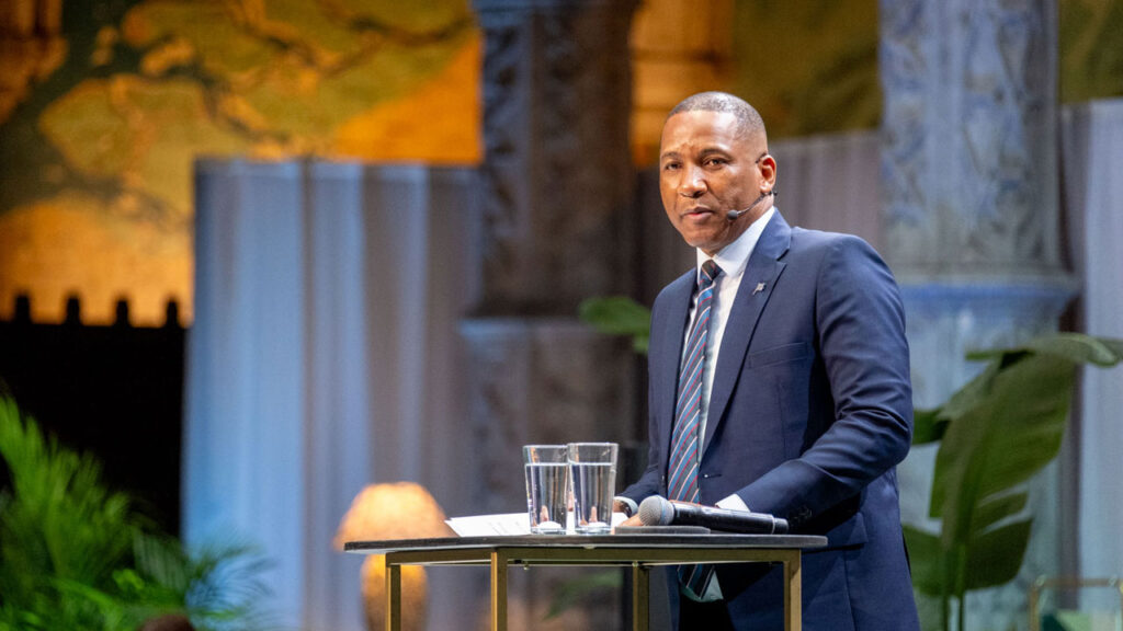 Botswana President Duma Boko speaking at the Facets conference in Belgium in November 2024 image