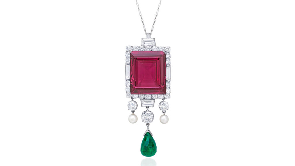 Pendant sporting a rectangular-cut, Sri Lankan spinel, in a frame of round brilliant-, baguette- and tapered baguette-cut diamonds at Bonhams image