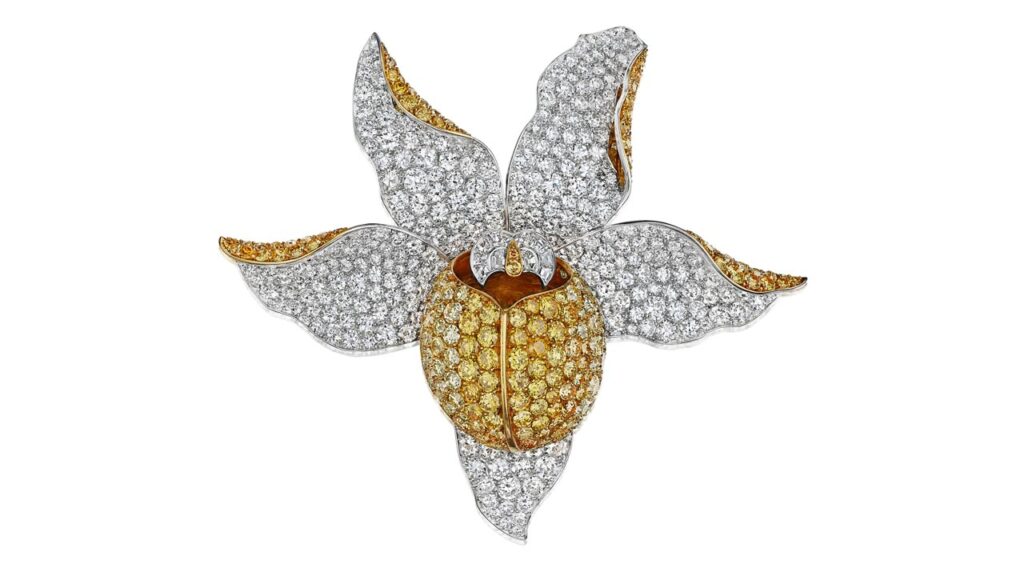 René Boivin brooch, designed as an orchid is set throughout with round brilliant- and old European-cut diamonds at Bonhams image