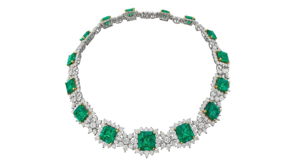 Necklace composed of emerald-cut Colombian emeralds set within a surround of brilliant-cut diamonds interspersed with clusters of pear-shaped diamonds at Bonhams image