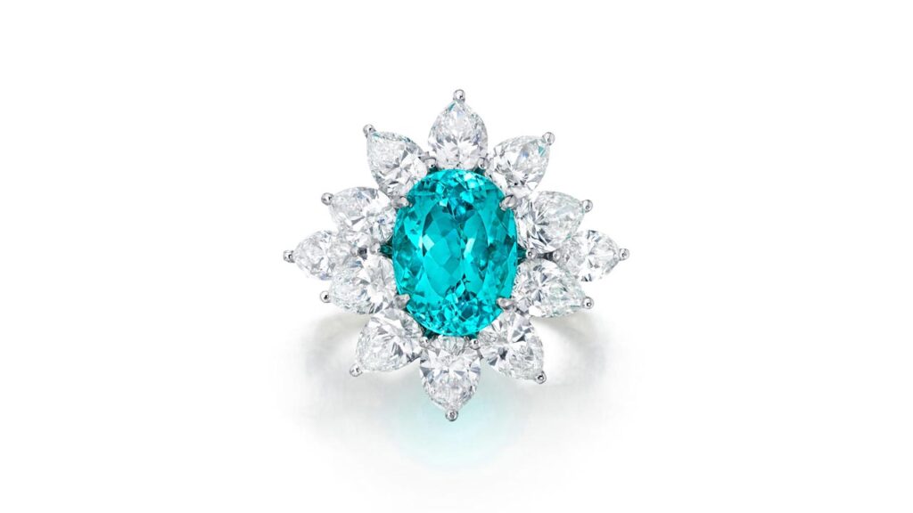 Tiffany and Co. ring featuring an oval-shaped, 4-carat Paraíba tourmaline at Bonhams image