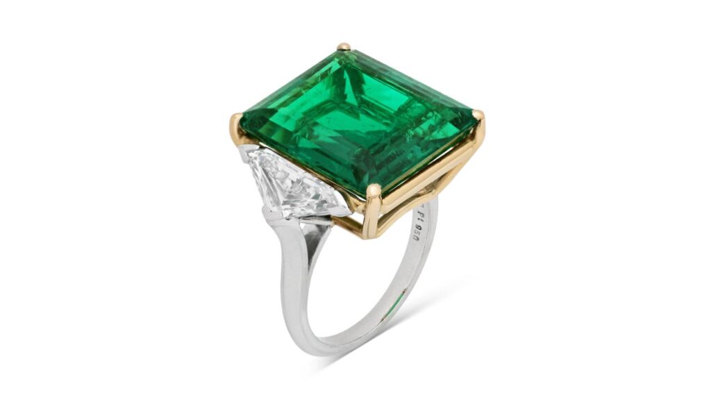 Colombian emerald and trapeze-shaped diamonds ring at Christie's image