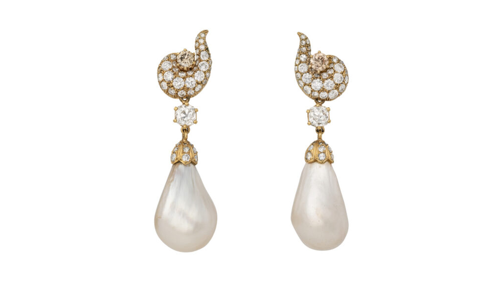 Earrings, each sporting a natural drop-shaped pearl, single-cut and round diamonds, as well as round brown diamonds at Christie's image