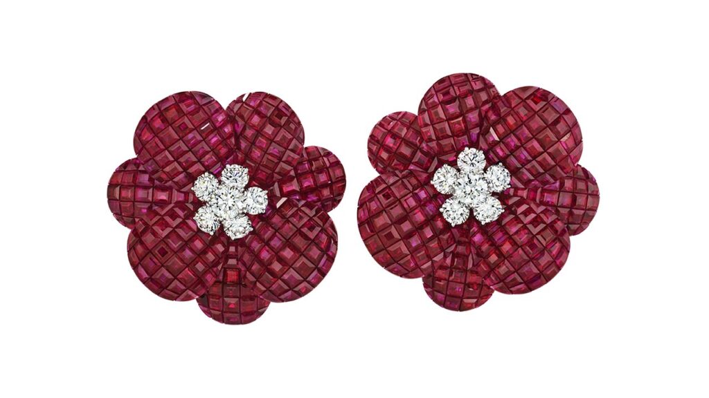 Pair of ruby and diamond flower earrings at Christie's image