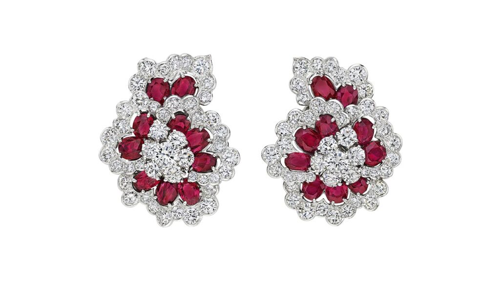 Pair of ruby and diamond Camellia earrings at Christie's image