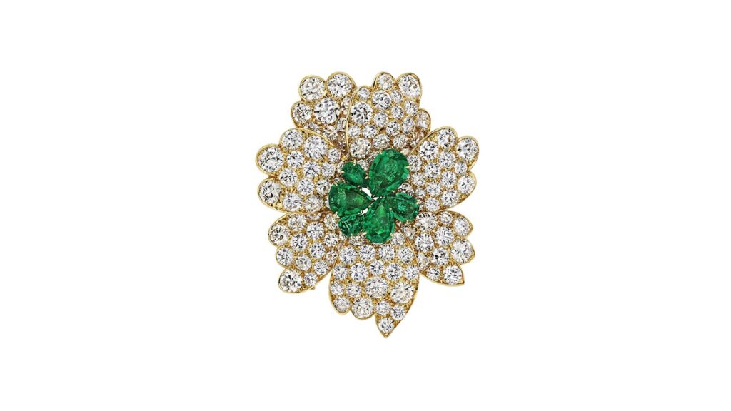 Emerald and diamond flower brooch at Christie's image