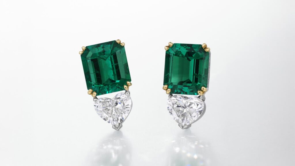 Earrings featuring octagonal step-cut Colombian emeralds, as well as heart brilliant-cut internally flawless diamonds at Christie's image