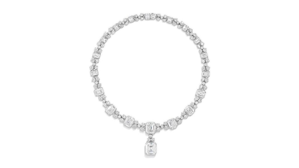 Diamond necklace featuring eight emerald-cut diamonds, as well as rectangular, pear-shaped and round diamonds at Christie's image