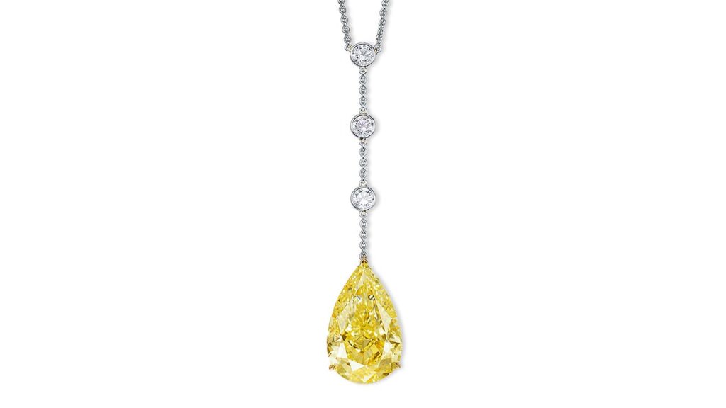 Necklace featuring a pear-shaped, diamond, suspended from three circular-cut diamonds at Poly Auction image