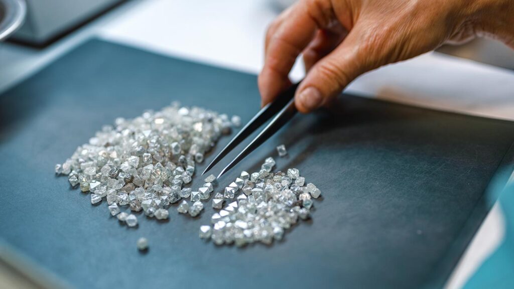 Rough diamonds being separated with tweezers image