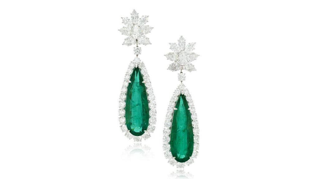 Harry Winston emerald and diamond ear clips at Sotheby's image