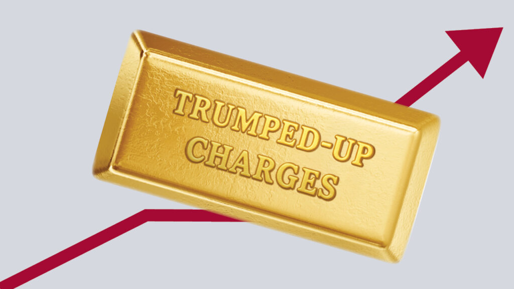 Illustration of a gold bar with words Trumped-Up Charges, by Zee-Al-Eid Ahmad and Aly Akber image