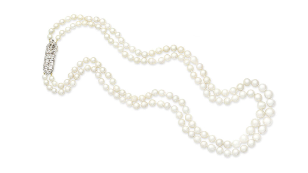 Necklace with two strands of natural pearls, as well as a clasp set with old brilliant- and rose-cut diamonds at Bonhams image