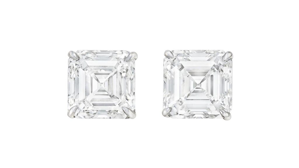 First pair of square emerald-cut diamond earrings at Christie's image