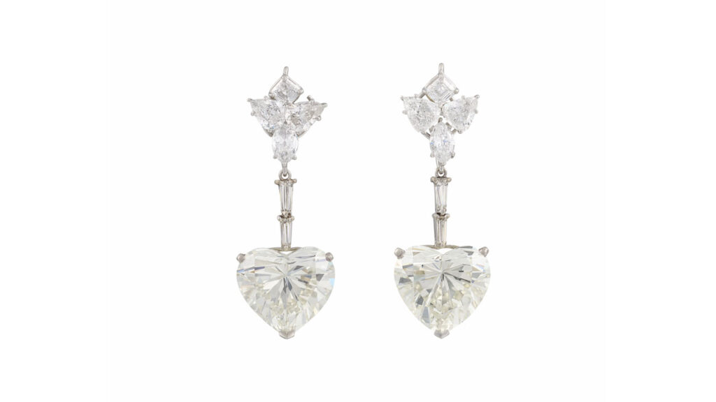 Pair of heart-shaped diamond earrings at Christie's image