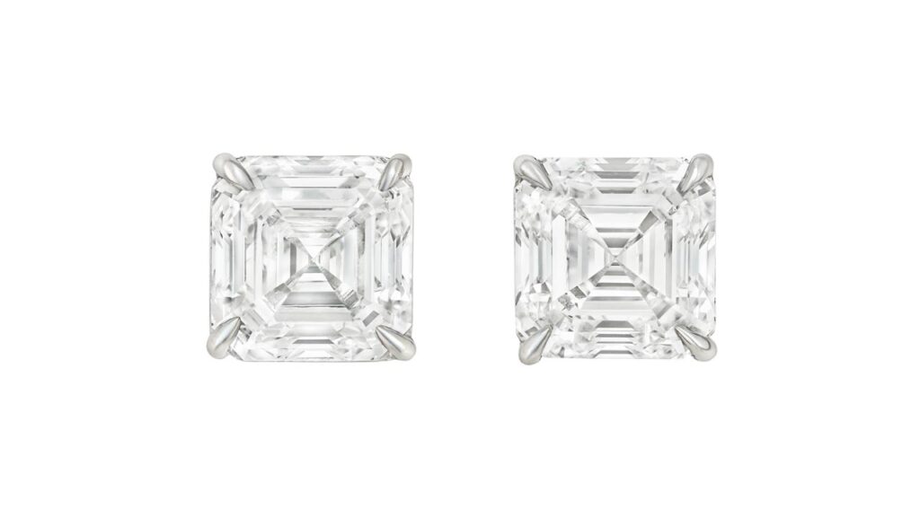 Second pair of square emerald-cut diamond earrings at Christie's image