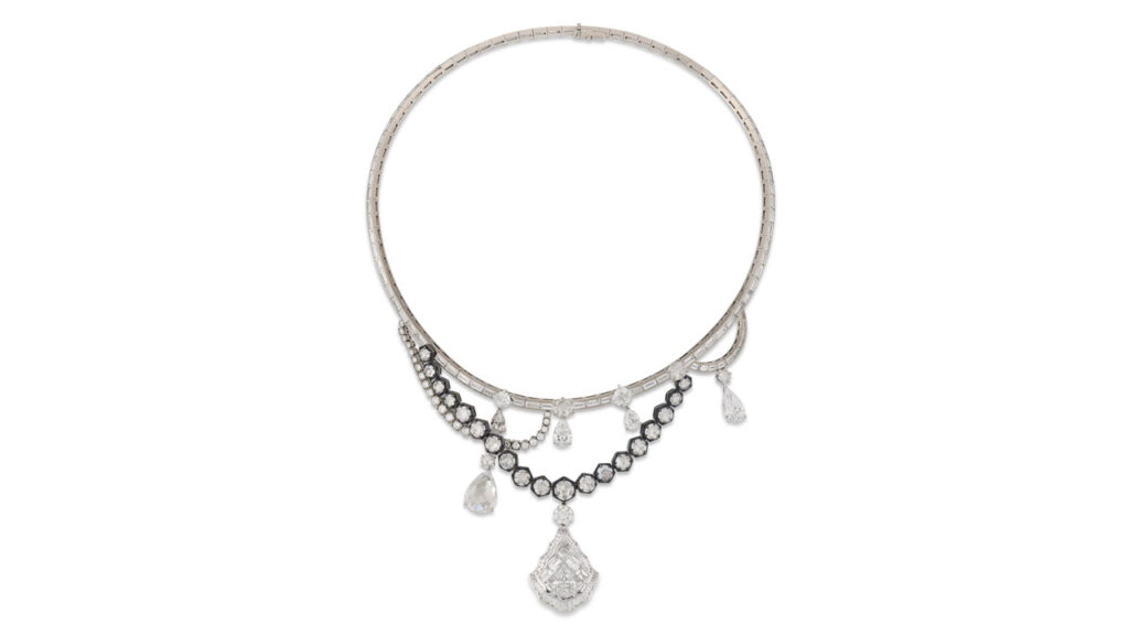 Dior necklace featuring three pear-shaped diamonds and a cushion modified brilliant-cut diamond at Christie's image