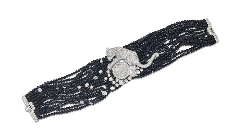 Cartier Panthère wristwatch featuring onyx beads and circular-cut diamonds at Christie's image