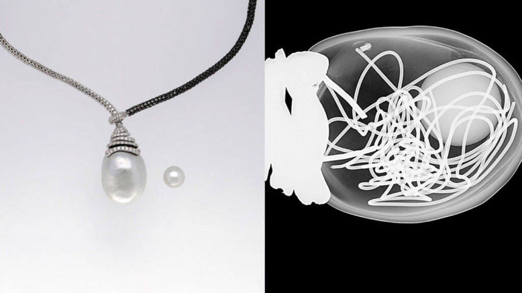 A finished necklace (left) and the metal wiring and smaller pearl inside of it (right) image